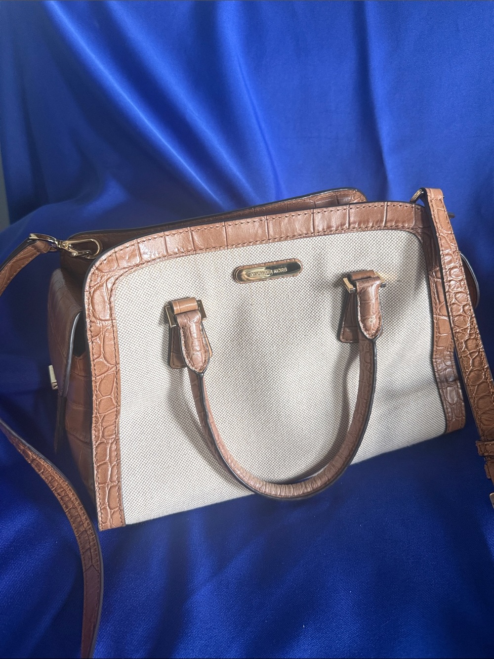 Michael Kors Beige Canvas Satchel with Brown Croc-Trim